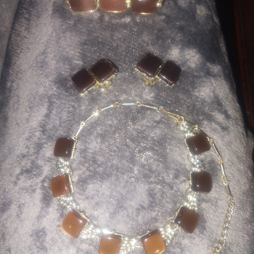 Coro Gold-Tone Bracelet and Clip-On Earrings with Brown Square Stones